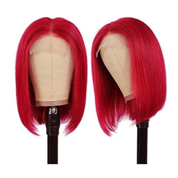 13x4x1 Red Straight Short Bob Human Hair Lace Front Wigs - Picture 4 of 6